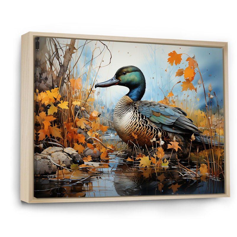 Canard bleu baroque élégance IV - art mural canard, Cadre flottant brun, H 44 po x l 34 po x P 1,5 po