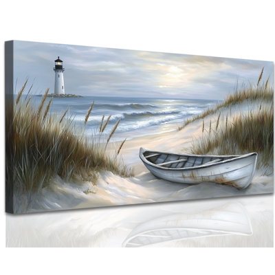  Beach Canvas Wall Art, Coastal Pictures with Nautical Boat and Lighthouse Serene Ambiance, Rustic Pastel Ocean Painting, Wall Artwork Decor for Bedroom Living Room Summer Home, 12x24 inches