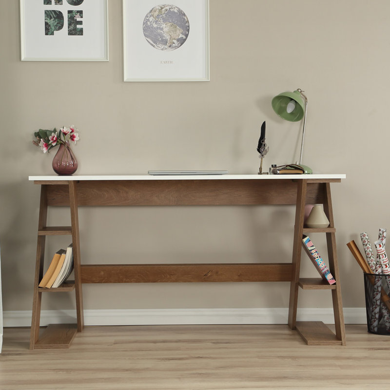 Bureau d'étude moderne avec nombreuses tablettes, chêne foncé et blanc, 55,1 po x 28,7 po x 23,6 po | Fabrication 100% aggloméré | Espace de rangement supplémentaire | Parfait pour les bureaux à domicile et les zones d'étude, design élégant et fonctionnel