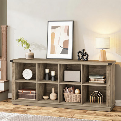 8 Cube Storage Organizer Bookshelf, 3 Tier Farmhouse Horizontal Bookcase, 62 Inch Wood Storage Bookcase for Entryway, Long Low Bookshelves for Living Room