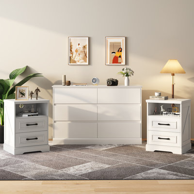 3 Piece Bedroom Set, 6 Drawer 47.2" W Double Dresser And Two 2 Drawer Nightstands With Charging Station