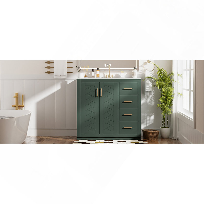 Ensemble de meuble-lavabo 36 po avec lavabo en céramique, armoire de rangement en bois massif, ensemble de meuble-lavabo autoportant avec 3 tiroirs et portes à fermeture douce
