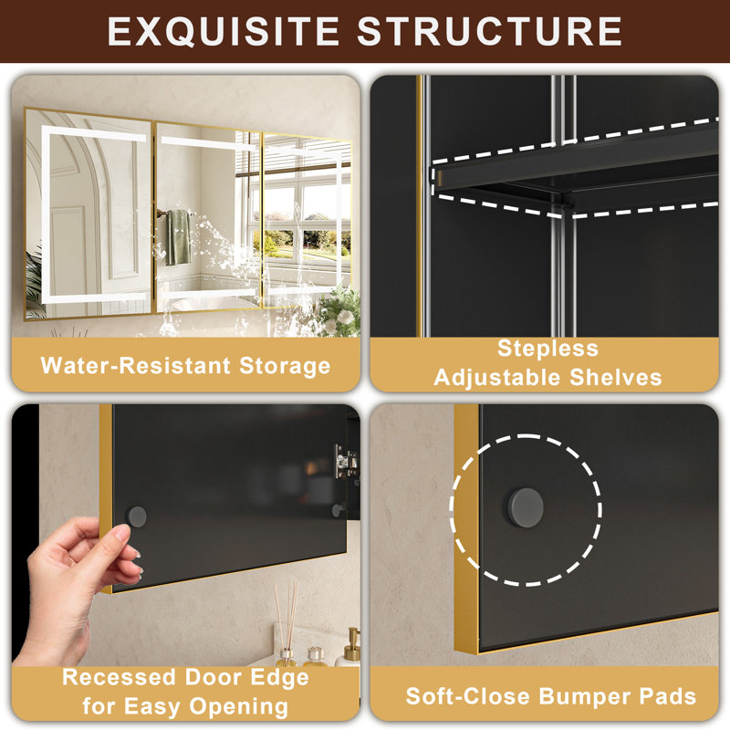 Recessed & Surface LED Lighted Bathroom Medicine Cabinet with mirror,Tempered Glass, 3-Color, Soft Close, Memory Function