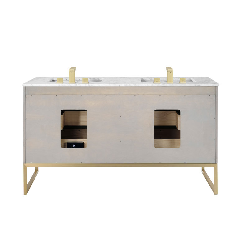 Markham 60'' W Double Vanity, Cashmere Gray, Carrara Marble, Satin Brass