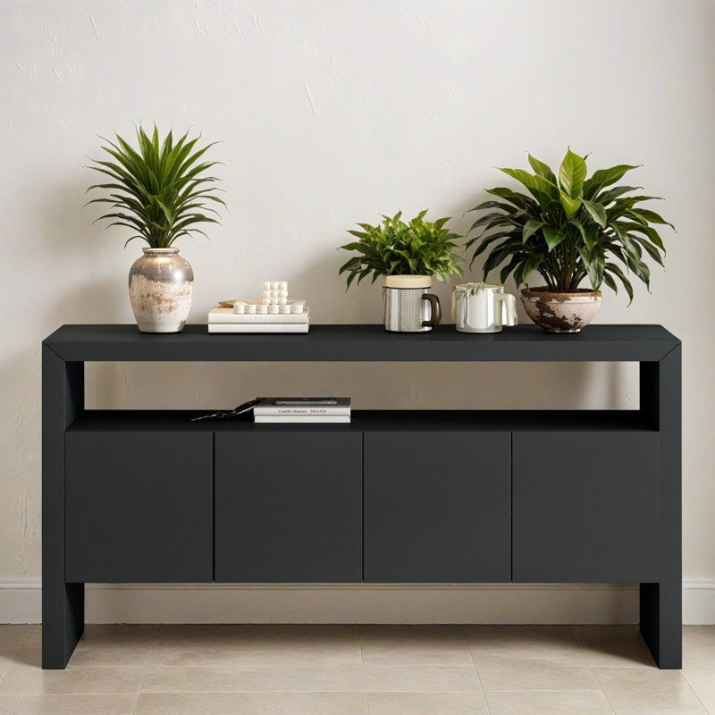 Armoire d'appoint 60,02 po à 4 portes, armoire d'appoint moderne en bois massif minimaliste avec tablette ouverte, console de rangement pour le salon, couloir