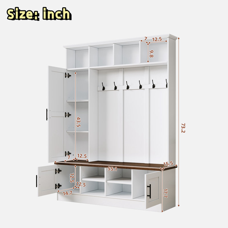 3-in-1 Hall Tree With 6 Hooks, Bench, Left Cabinet With Adjustable Shelves And Open Compartments, White