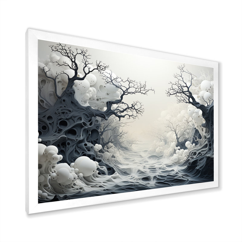 Scènes de tempête marine monochrome - reproduction sur toile, Cadre de coin blanc fermé, H 24 po x l 32 po x P 1 po