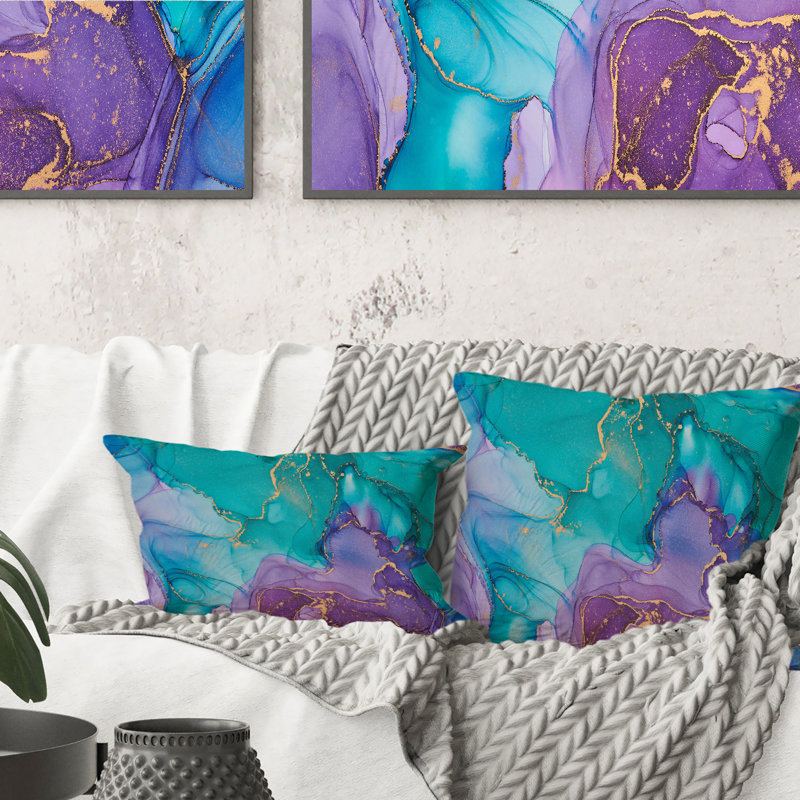 Turquoise And Purple Liquid Art I - Modern Printed Throw Pillow, 16" x 16"
