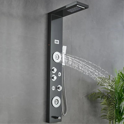 Stainless Steel Matte Black Shower Panel System Fixed LED Rainfall & Waterfall Showerhead