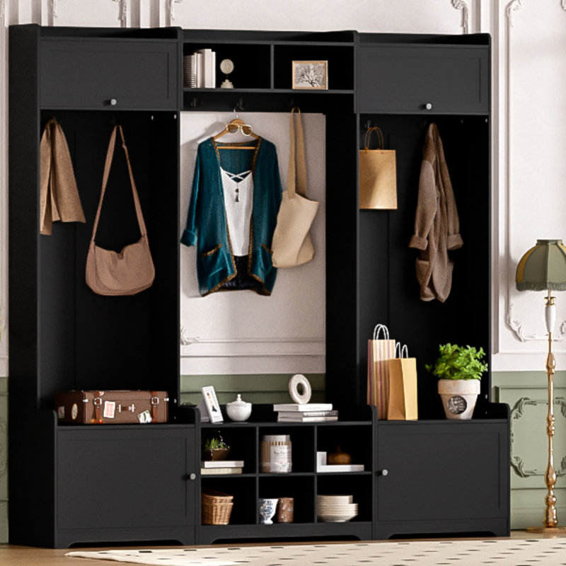 79.1'' Wide Modern Hall Tree With Shoe Storage, 4-In-1 Entryway Bench, 8 Cubbies, 7 Hooks, Adjustable Shelf, Black, Black