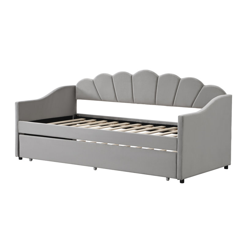 Upholstered Daybed With Trundle, 3FT Single Bed 90X190 Cm, Velvet Sofa Bed For Adults & Teens, Pull-Out Trundle For Extra Sleeping Space, Elegant Grey Design, Easy Assembly