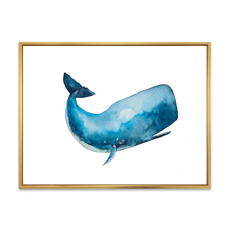Baleine bleue sur fond blanc I - Peinture sur toile, H 30 po x l 40 po, Cadre flottant doré