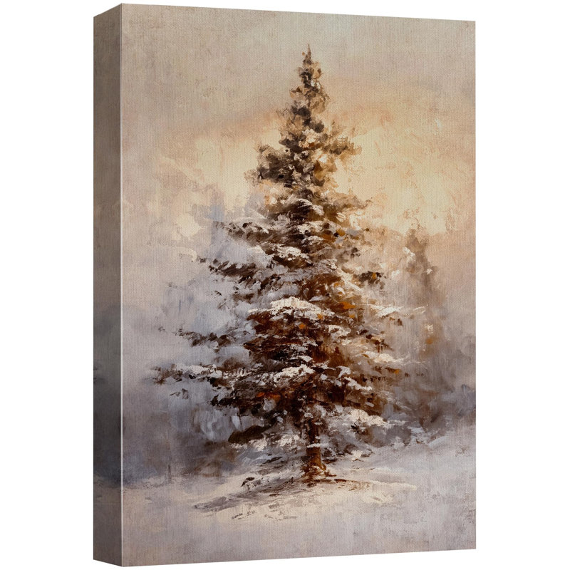 Arbre de Noël serein enneigé dans un paysage d'hiver rustique Illustration de décor d'art moderne chaleureux, Toile tendue
