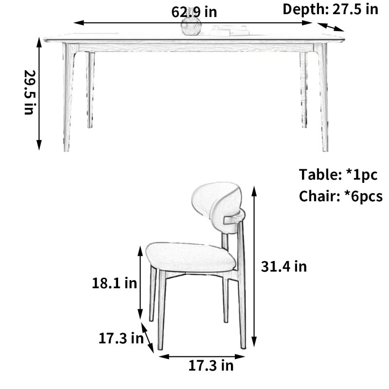 Modern simple quality table and chair, 29.5"H x 62.9"L x 27.5"W