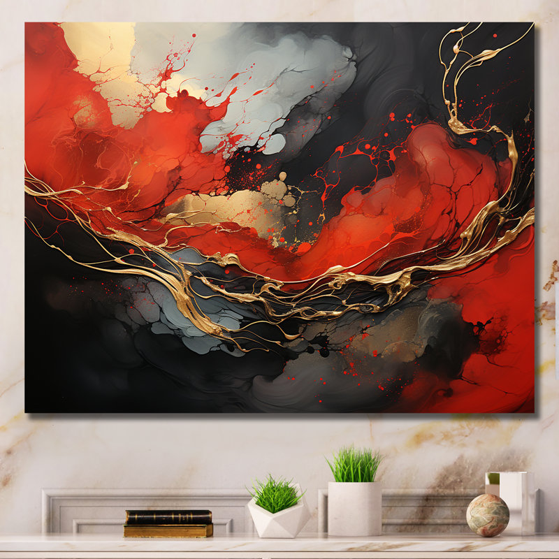 Rouge et or feu de marbre III - art mural abstrait, Toile tendue, H 12 po x l 20 po x P 1 po