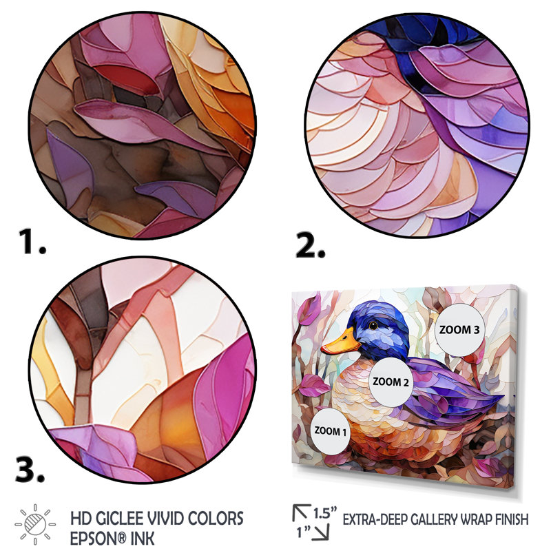 Canard beige et mauve dans un pré - art mural canard, Cadre flottant brun, H 24 po x l 32 po x P 1 po