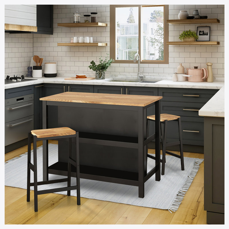 3 Pieces Dining Table Sets, with Fixed Table, Black