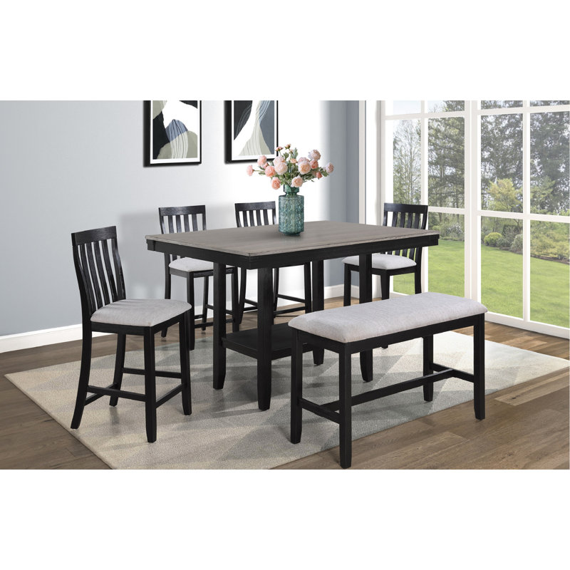 Chaises de salle à manger à hauteur de comptoir 2 pièces en noir / gris, contemporain, dossier à lattes, siège en tissu, repose-pieds, chaises de construction en bois, look moderne, bois