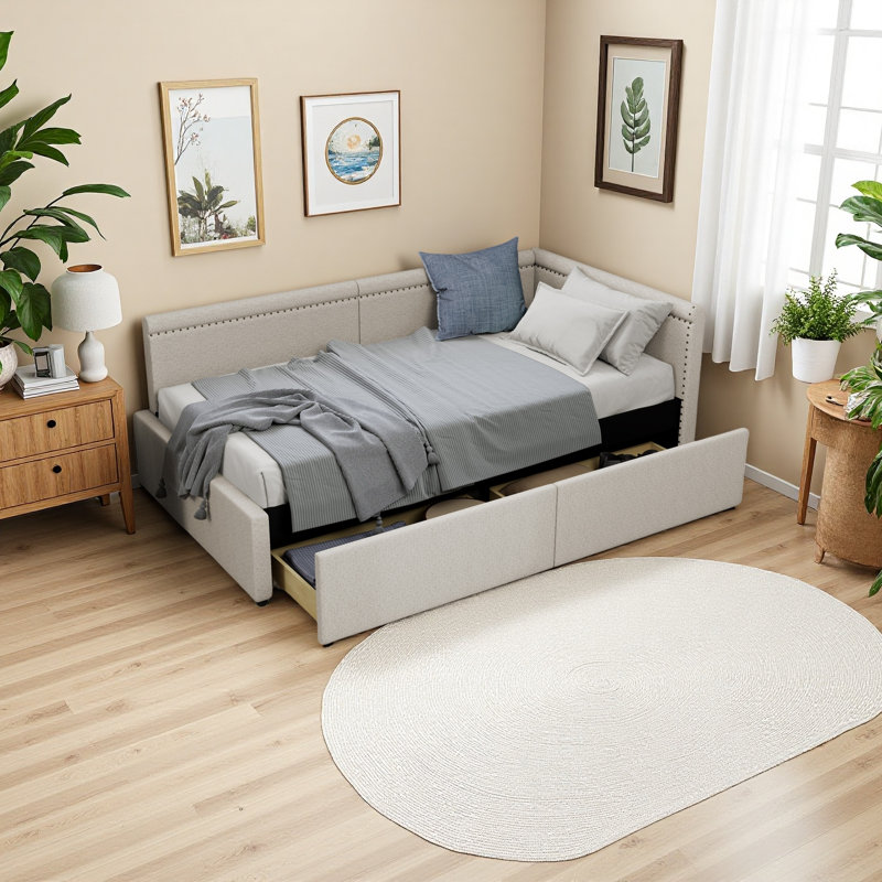 Modern Style Twin Size L Shape Corner Bed, Linen Upholstered Daybed With Two Storage Drawers, Beige