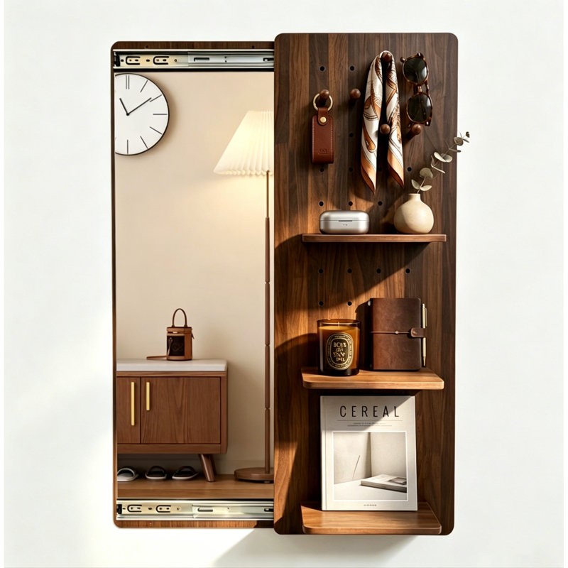 Miroirs d'appoint modernes avec rangement, panneau de fibres à densité moyenne noyer coulissant