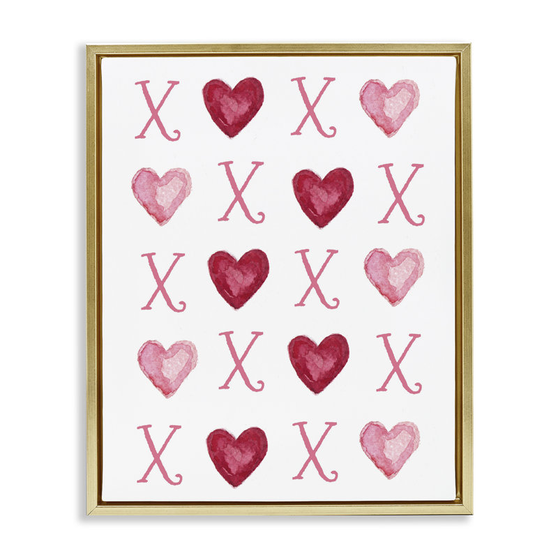 Art mural sur toile flottant rose avec coeurs Xoxo par Elizabeth Tyndal, Cadre flottant métallique doré, H 31 po x l 25 po