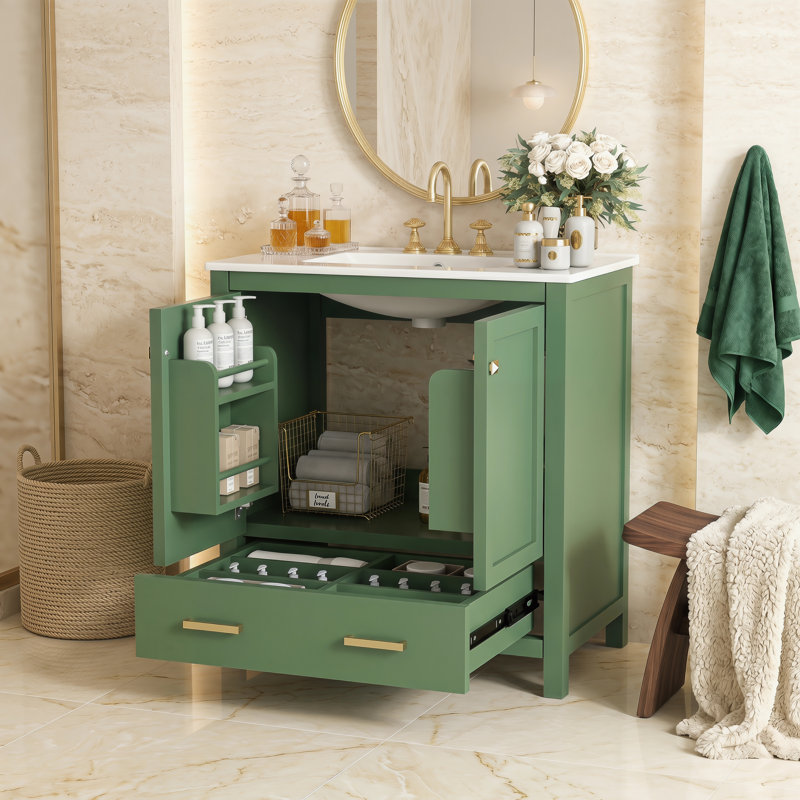 Ensemble de meuble-lavabo simple 30 po, meuble-lavabo encastré en bois massif, 2 portes et tiroir à fermeture en douceur, meuble de rangement pour salle de bain