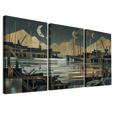 Ensemble de 3 toiles murales représentant un port industriel en bronze et bleu