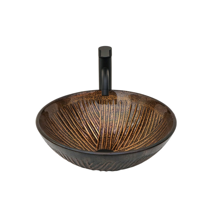 Lavabo vasque en verre trempé à motif de plumes artistique avec drain escamotable, meuble-lavabo ovale en verre trempé pour salle de bain (sans robinet)