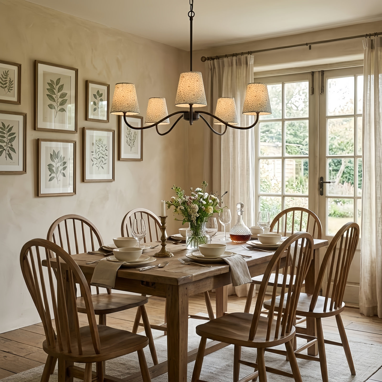 Wrought Iron 5-Light Chandelier, Matte Black, White Print