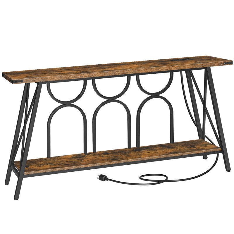 Unique 63" Console Table with Charging Station and Storage Shelf, Brown
