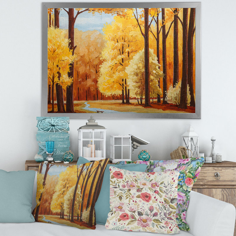 Arbres d'automne orange à l'aube - Peinture sur toile, H 16 po x l 32 po x p 1 po, Cadre photo argenté