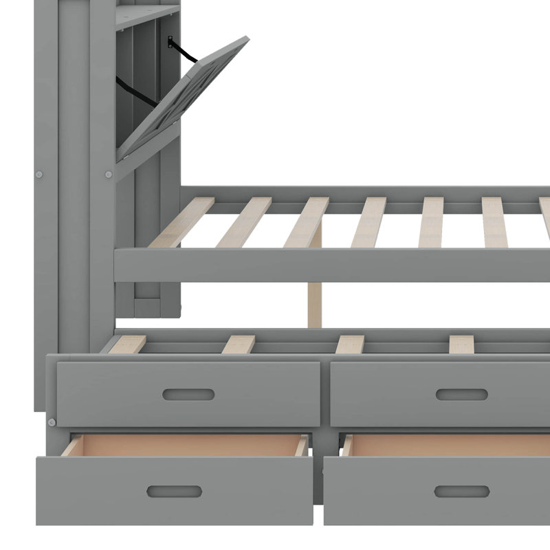 Full Size Wooden Extendable Bed With Storage Headboard, Outlets, Twin Size Trundle And Drawers, Gray