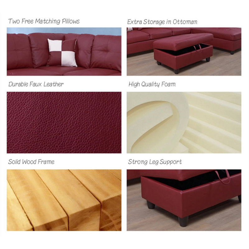 3-Piece Faux Leather L-Shape Leather Sectional, Red Faux Leather