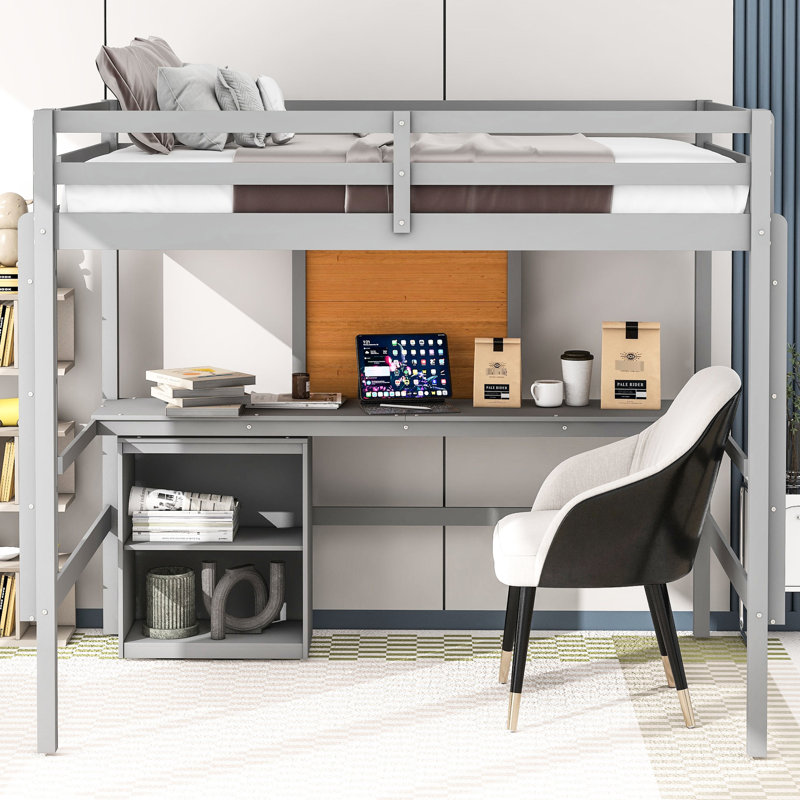 Lit mezzanine gris avec bureau - armoire 2 tiroirs en bois et zone d'écriture en bois massif gris, armoire solide depuis plus de 6 ans