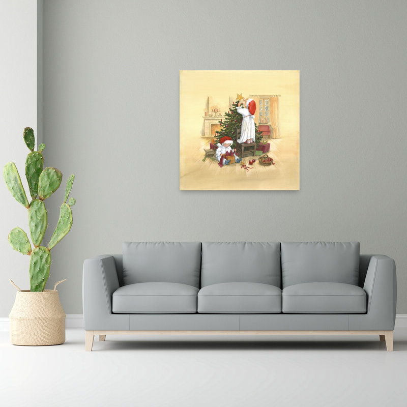 Children Decorating Christmas Tree Traditional Abstract Contemporary Christmas Tree Winter Landscape Wall Art Print
