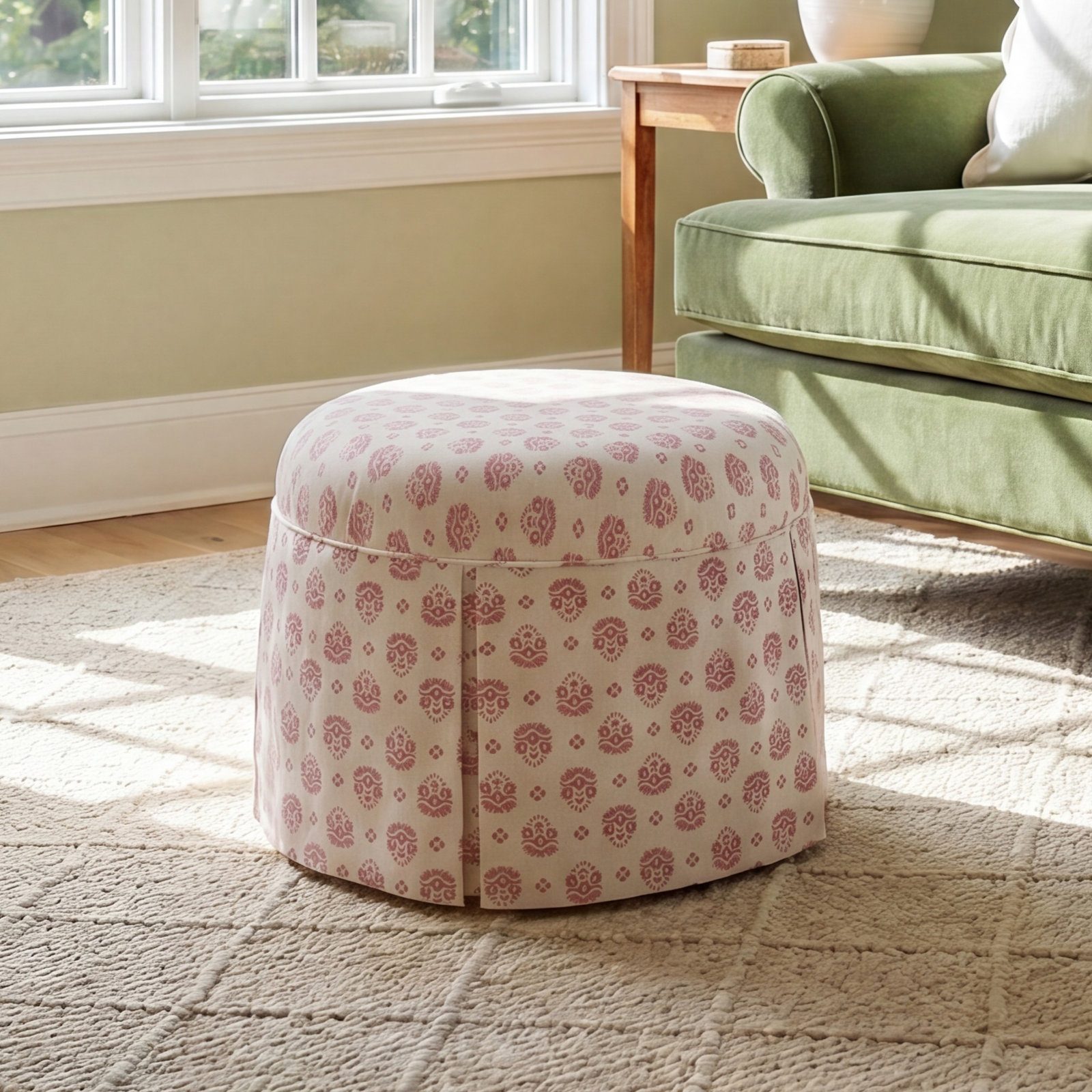 Manders 25" Cotton Ottoman, All Block Floral Dusty Red