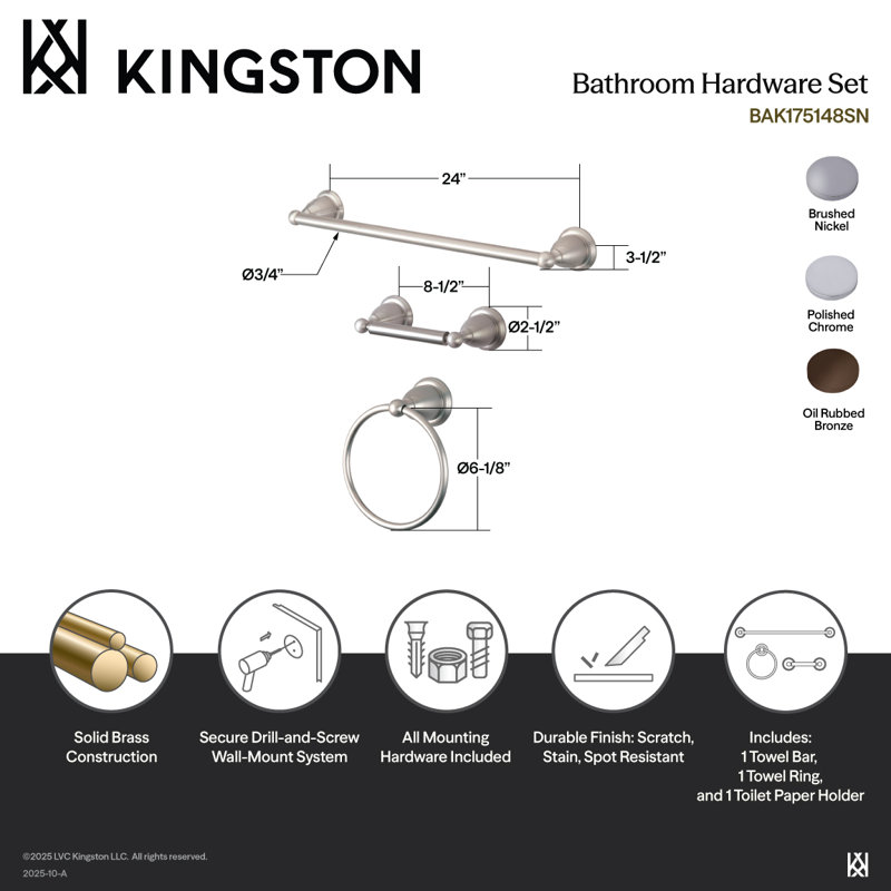 Ensemble de quincaillerie de salle de bain 3 pièces Kingston Brass Heritage, Chrome poli