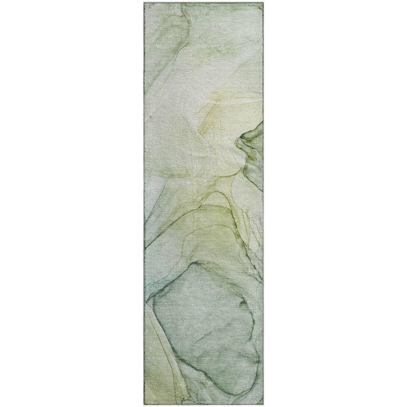 Premium Machine Washable Cerrito AMF502 Green Rug, Runner 2'3" x 7'6"