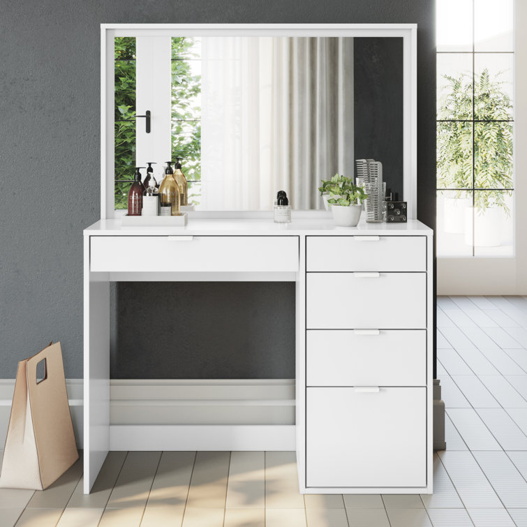 ASHLEY 5 DRAWER VANITY WITH FULL MIRROR IN WHITE