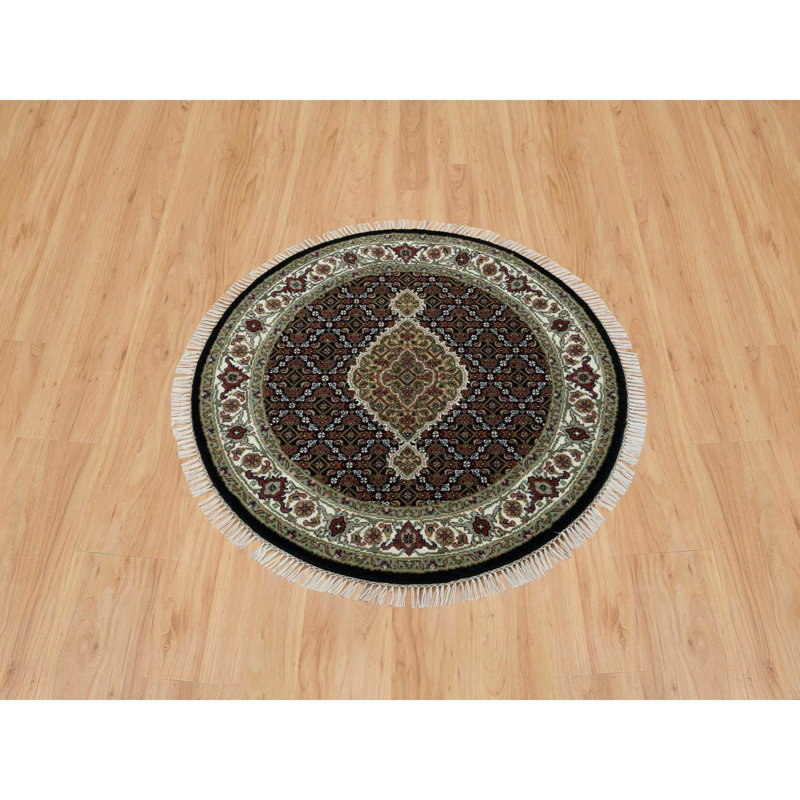 3'3"x3'3" Black Tabriz Mahi Fish Design 175 KPSI Hand Knotted Wool Unique Round Rug 0D47D264E38040BEBD37B51DD834BF32
