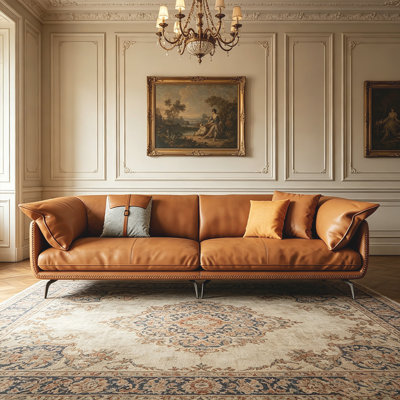Canapé modulaire orange en cuir véritable