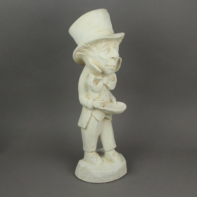 Antiqued white cement Mad Hatter Alice in Wonderland garden statue, 18.5 inches high