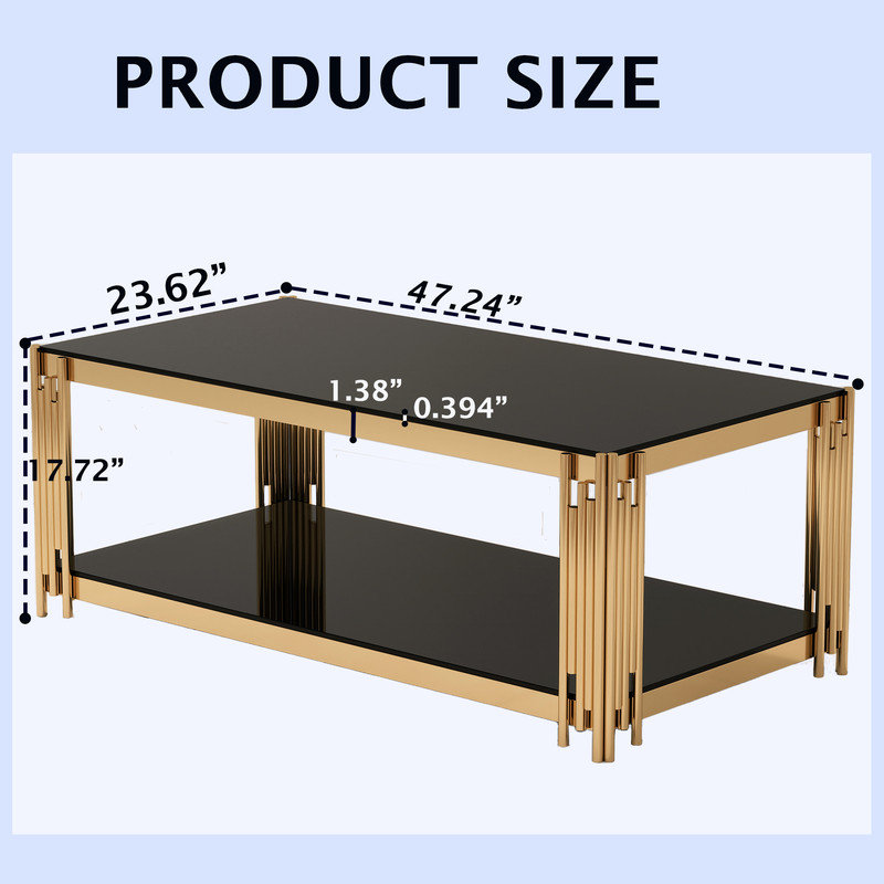 Table basse rectangulaire à deux couches avec plateau en verre et structure en métal