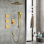 Élégant système de douche de couleur dorée avec accoudoirs: Simulation de pluie naturelle, autonettoyant, profondeur de 11,76 po, tête de douche en laiton, barre coulissante, jets de corps, accoudoir, boyau, garniture de valve et poignées à levier.