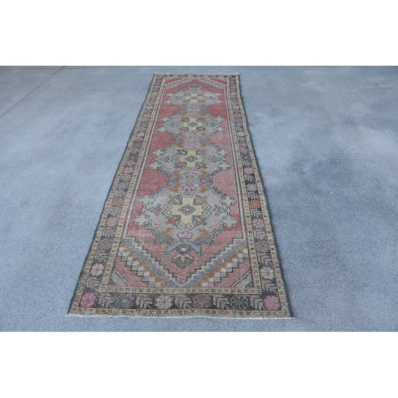 Tapis rose en laine rétro avec patchwork 40,2 x 123,6 pouces Vintage