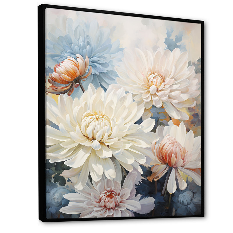 «White Mums In Blue Dream» sur toile, Cadre flottant noir, H 20 po x l 12 po x P 1 po