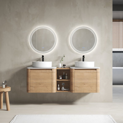 60'' Wall-Mounted Bathroom Vanity With Ceramic Art Sink, and 1-Storage Shelves, Soft-Close Door