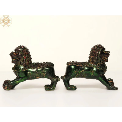  4" Brass Chinese Guardian Lions Pair Sculpture - Home/Office Décor Showpiece