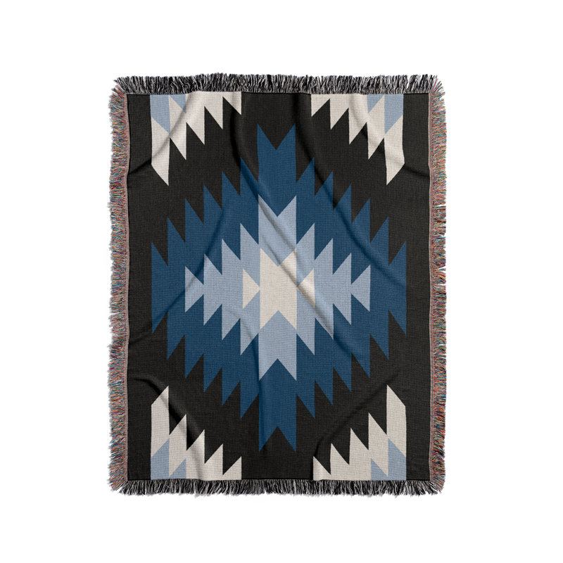 Jeté en mélange de coton Caca South Western, L 80 po x l 60 po, Bleu / noir / blanc cassé