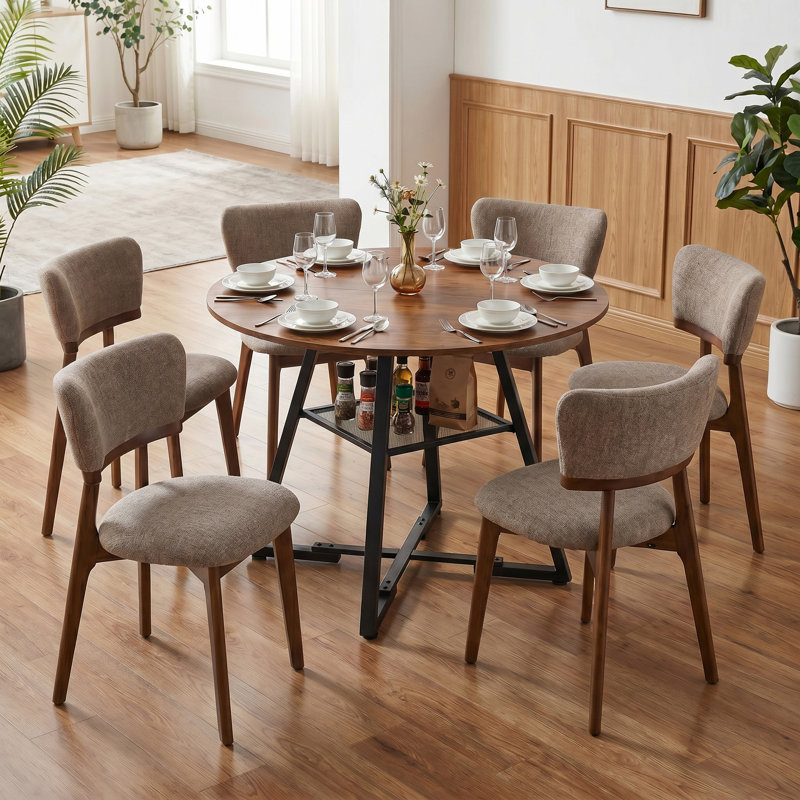 Table de salle à manger industrielle ronde brun rouille de 42 pouces et chaise de salle à manger rembourrée en bois massif 6 pièces brun, table de cuisine fixe avec tablette de rangement en filet et pieds croisés pour les repas en famille